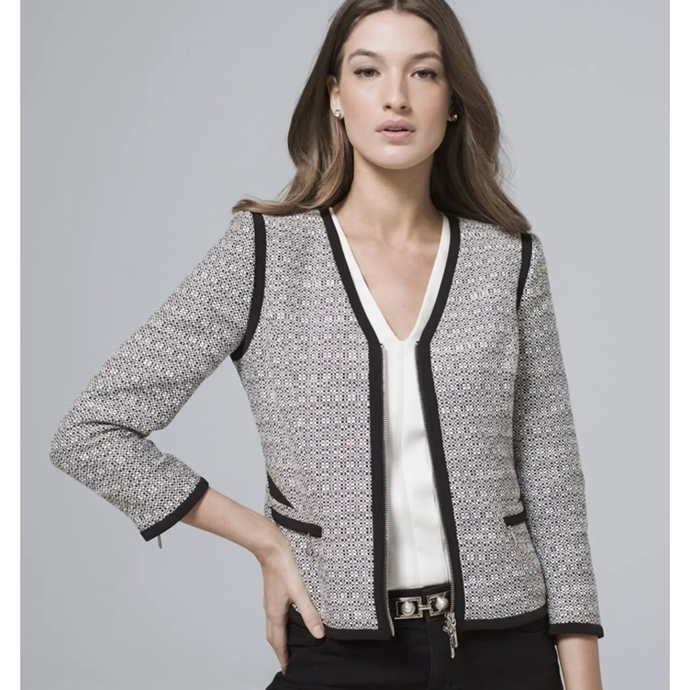 White House Black Market Contrast Tweed Zip Blazer Jacket 2 XS